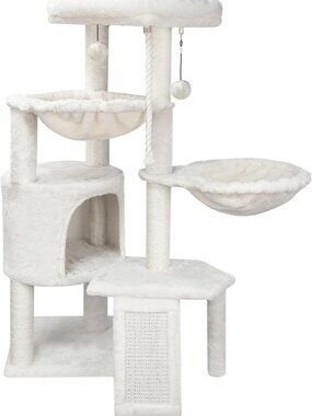 Cozy Three-Layer Cat Tree with Condo, Scratch Pad & Two Hammocks - Beige
